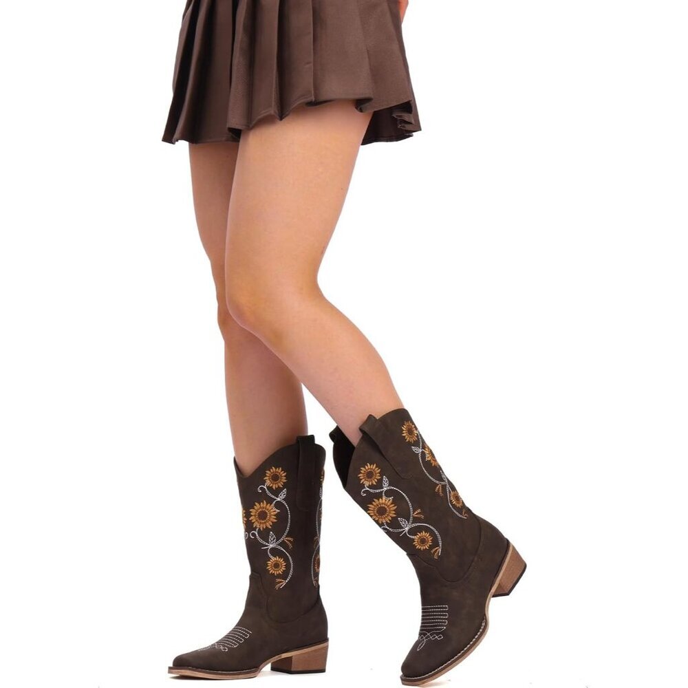 ⚡Women's Brown Mid Calf Western Sunflower Cowgirl Boots with Floral Embroidery - Picture 5 of 5